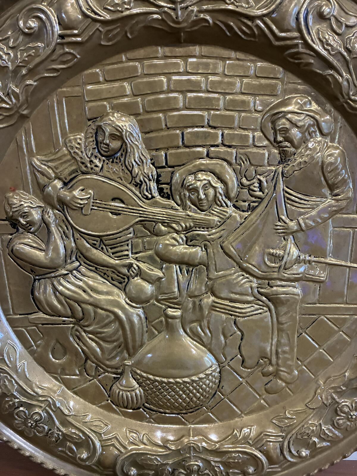 Vintage Brass Embossed Wall Plate | Made in England | Medieval Musicians Scene
