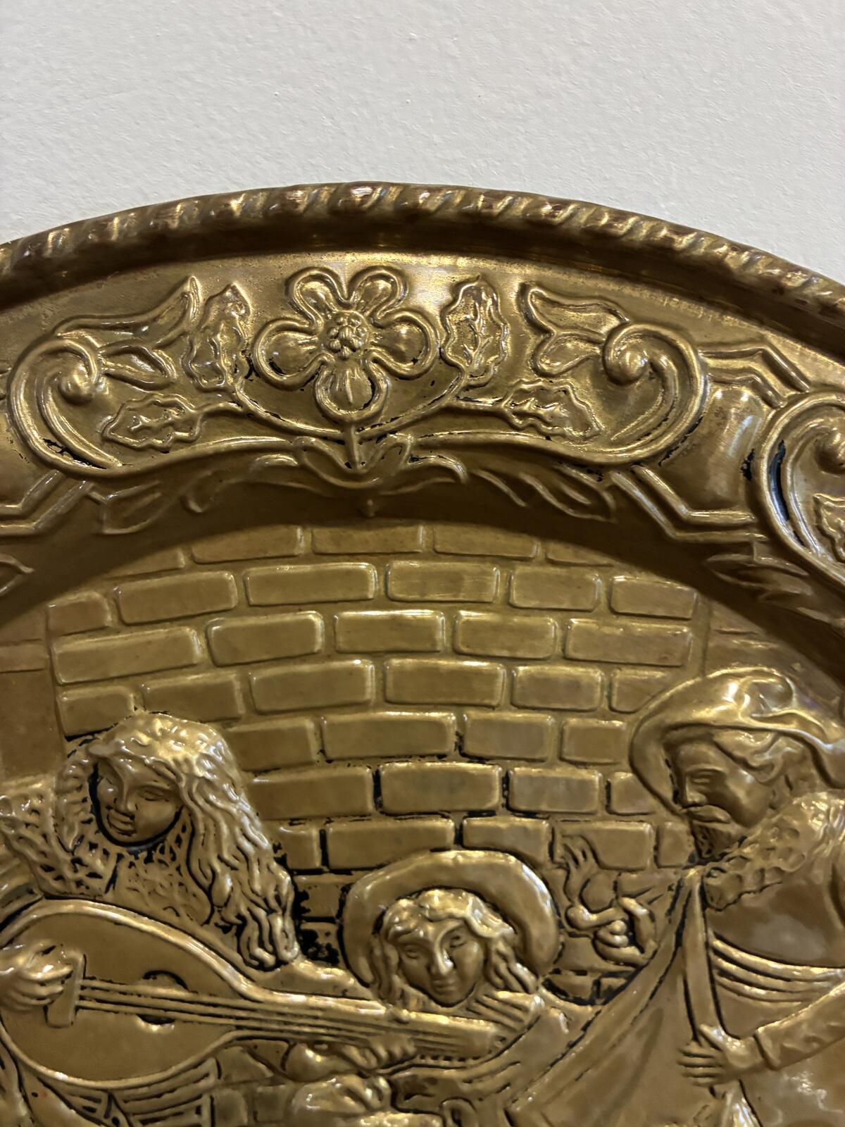 Vintage Brass Embossed Wall Plate | Made in England | Medieval Musicians Scene