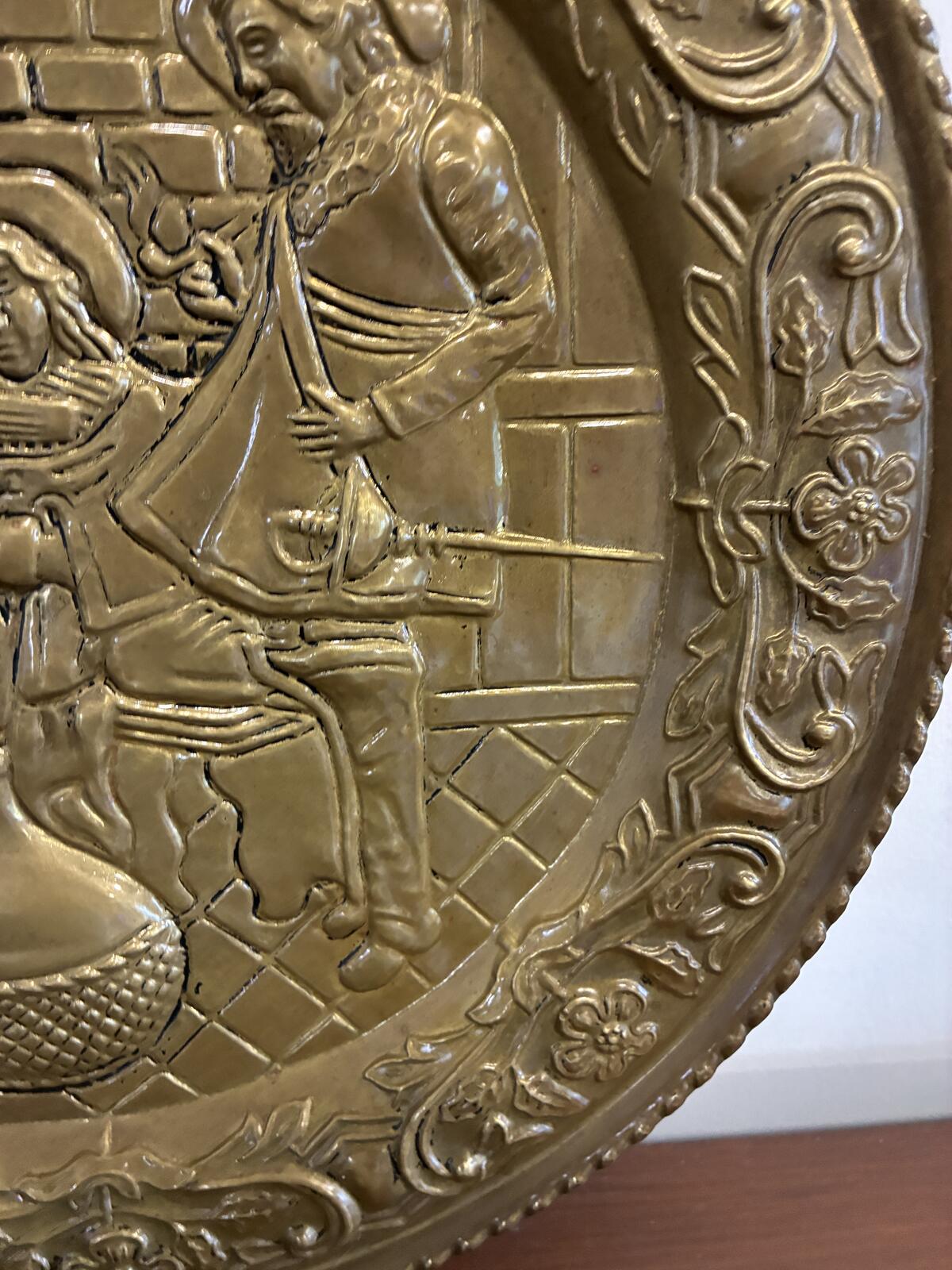 Vintage Brass Embossed Wall Plate | Made in England | Medieval Musicians Scene