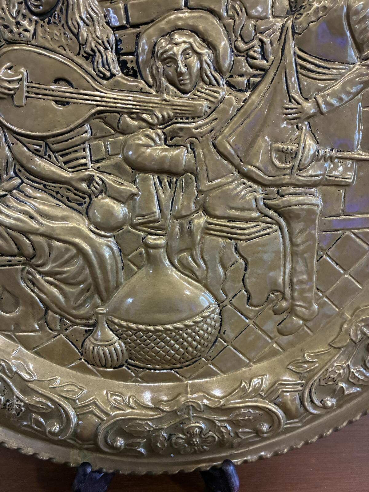 Vintage Brass Embossed Wall Plate | Made in England | Medieval Musicians Scene
