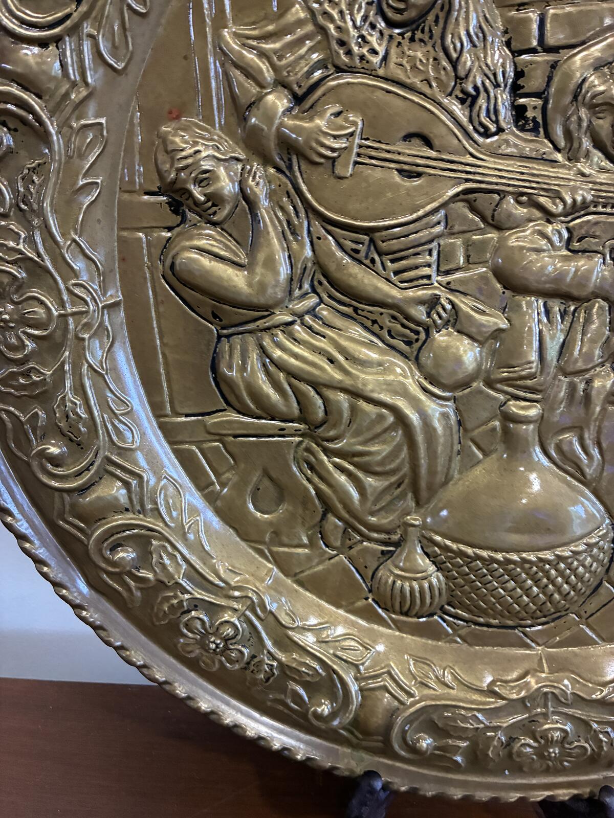 Vintage Brass Embossed Wall Plate | Made in England | Medieval Musicians Scene