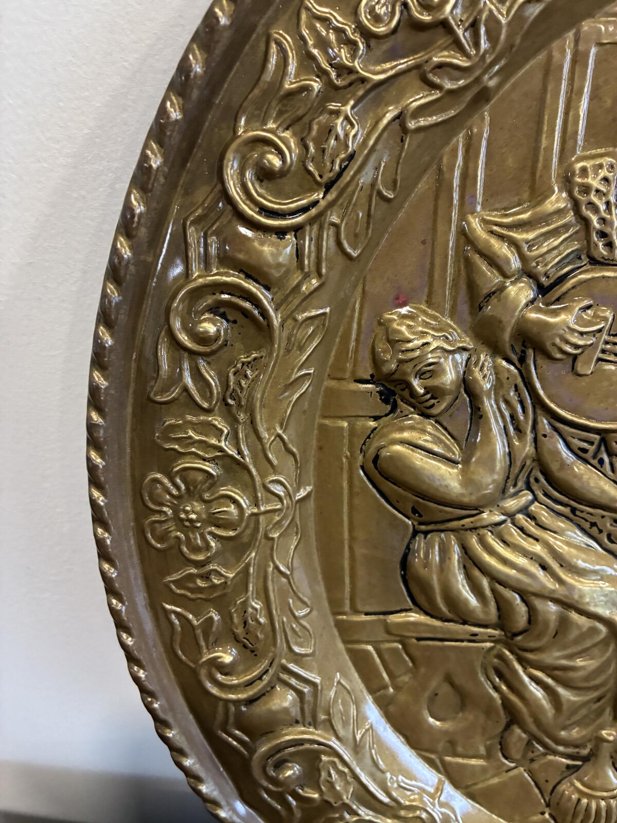 Vintage Brass Embossed Wall Plate | Made in England | Medieval Musicians Scene