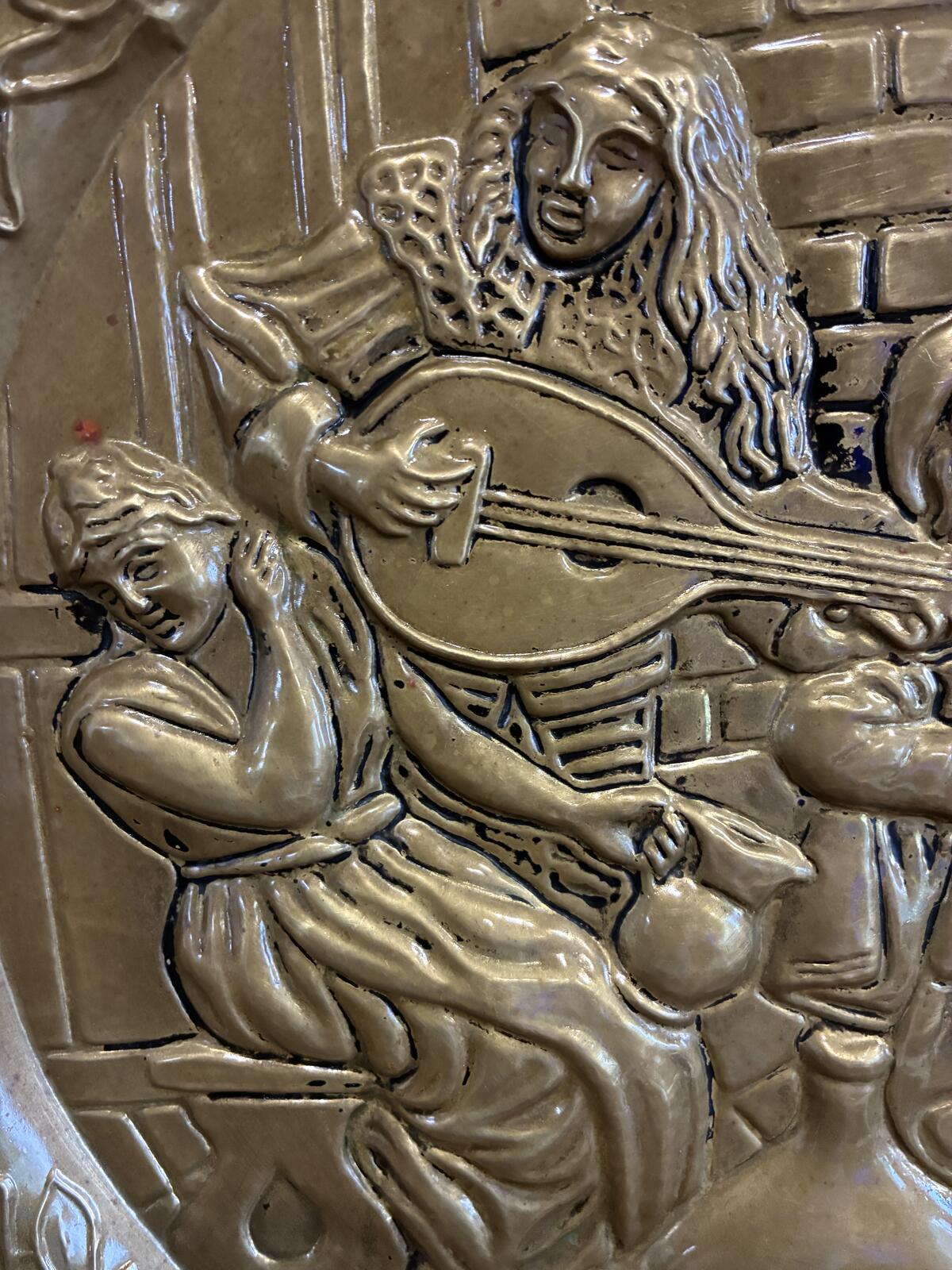 Vintage Brass Embossed Wall Plate | Made in England | Medieval Musicians Scene