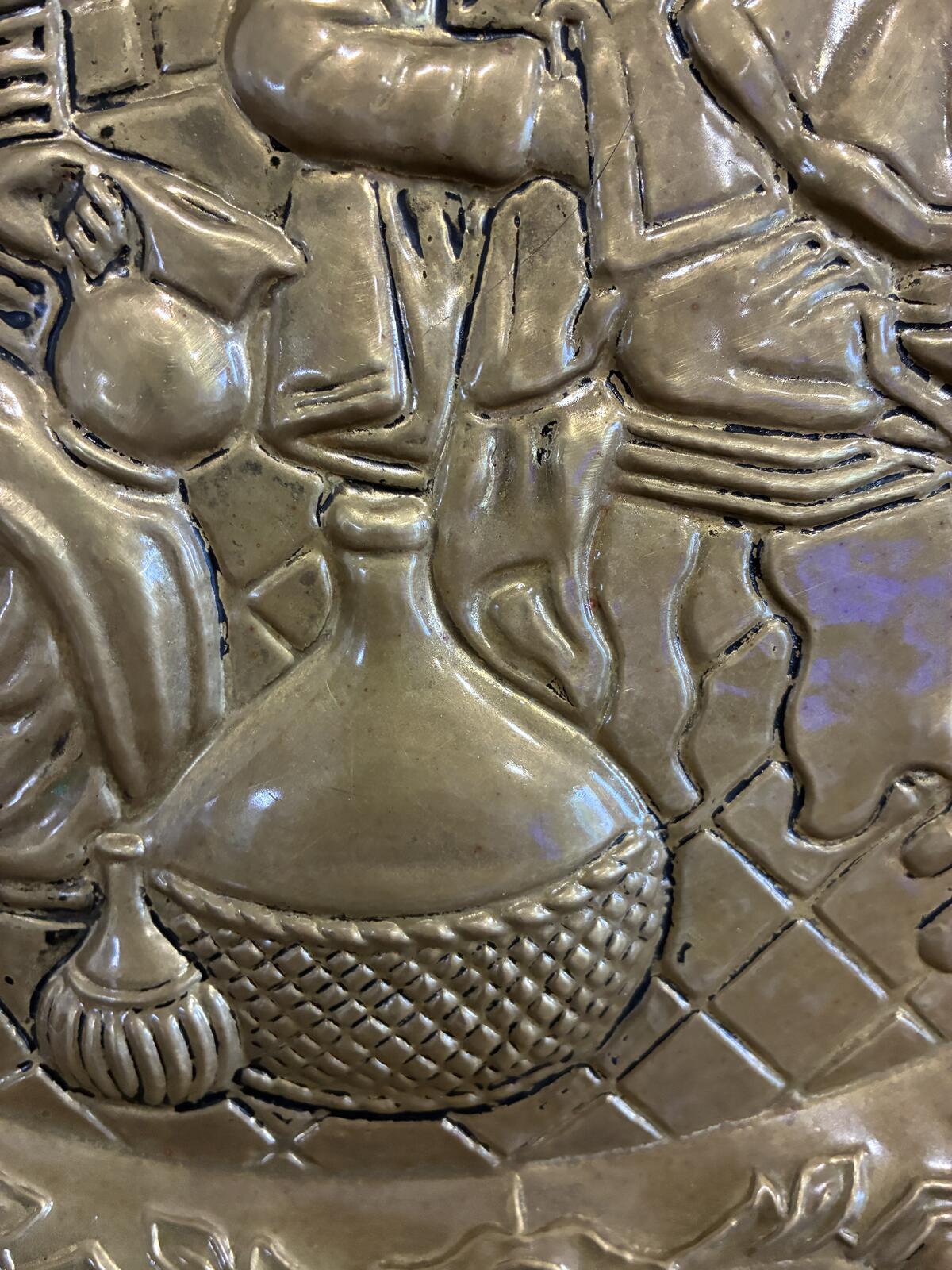 Vintage Brass Embossed Wall Plate | Made in England | Medieval Musicians Scene