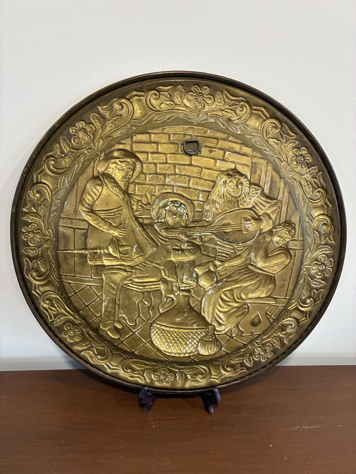 Vintage Brass Embossed Wall Plate | Made in England | Medieval Musicians Scene