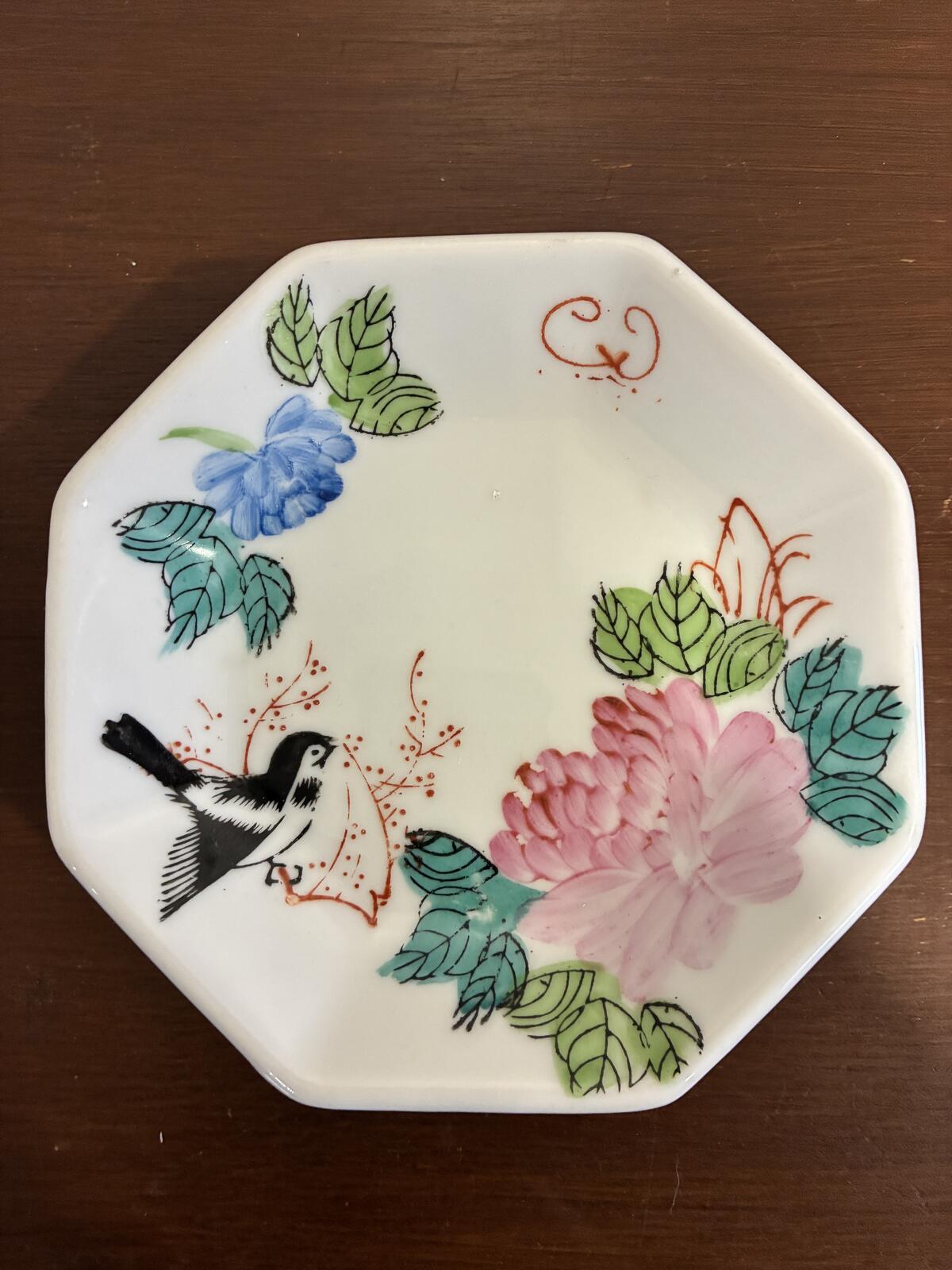 Vintage F.S. Louie Berkeley Hand Painted Floral Bird Octagonal Trinket Dish