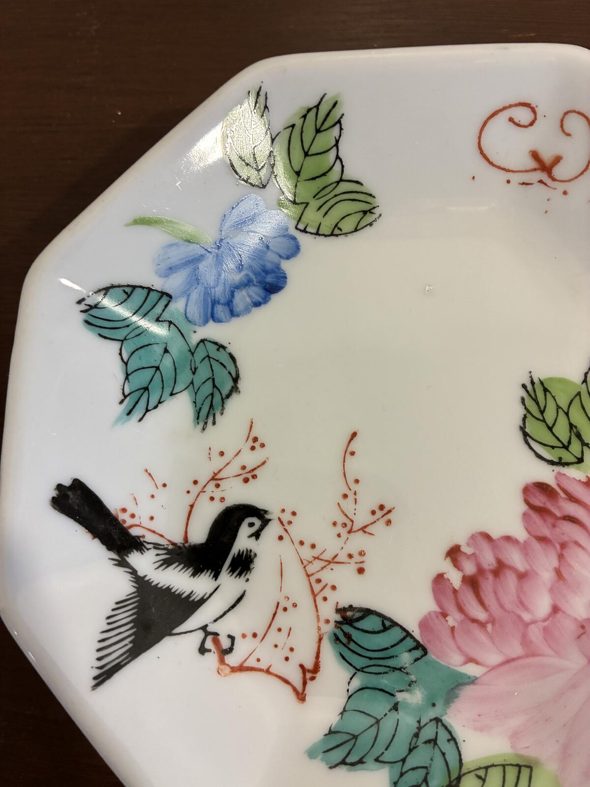 Vintage F.S. Louie Berkeley Hand Painted Floral Bird Octagonal Trinket Dish