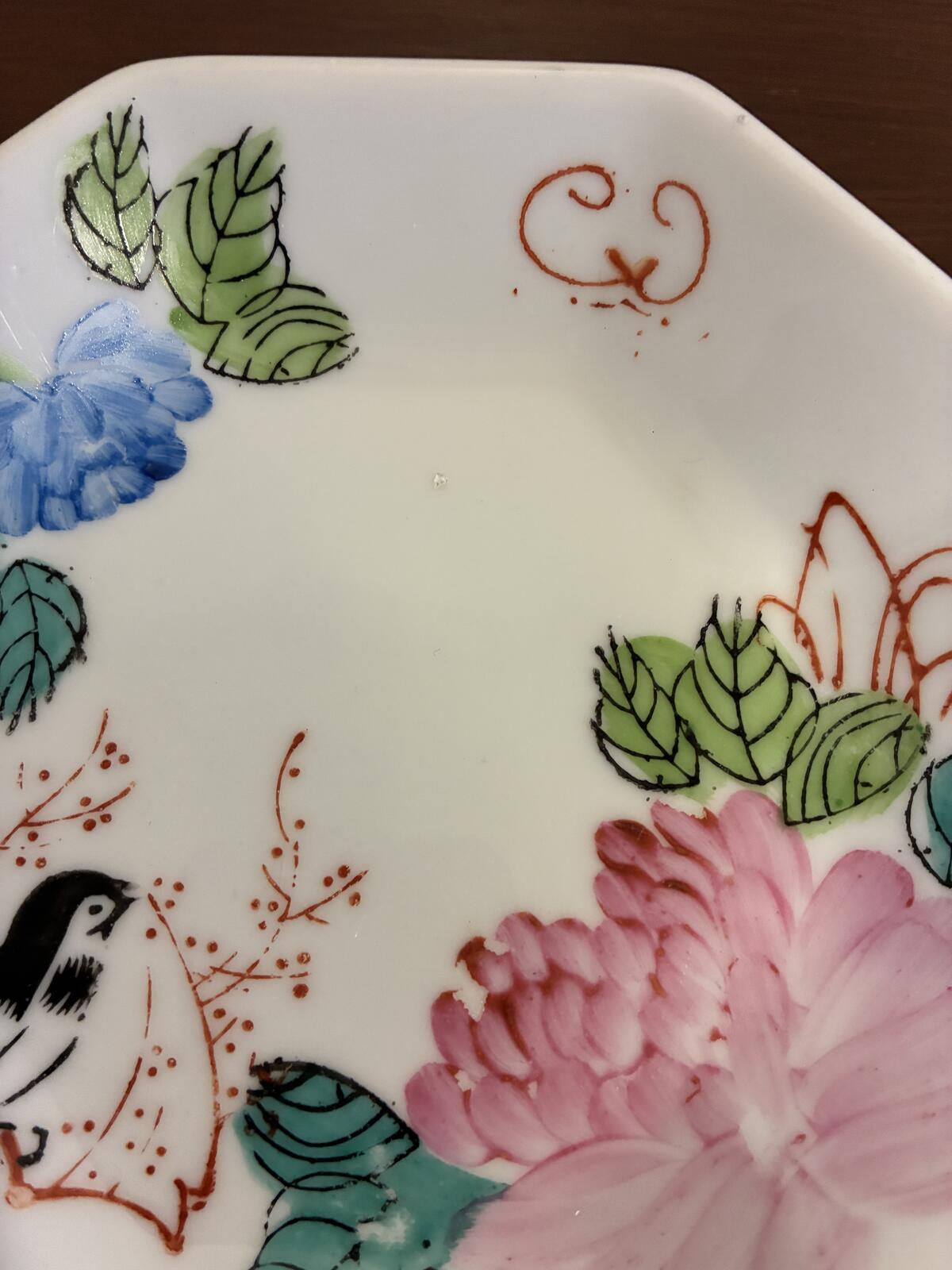 Vintage F.S. Louie Berkeley Hand Painted Floral Bird Octagonal Trinket Dish