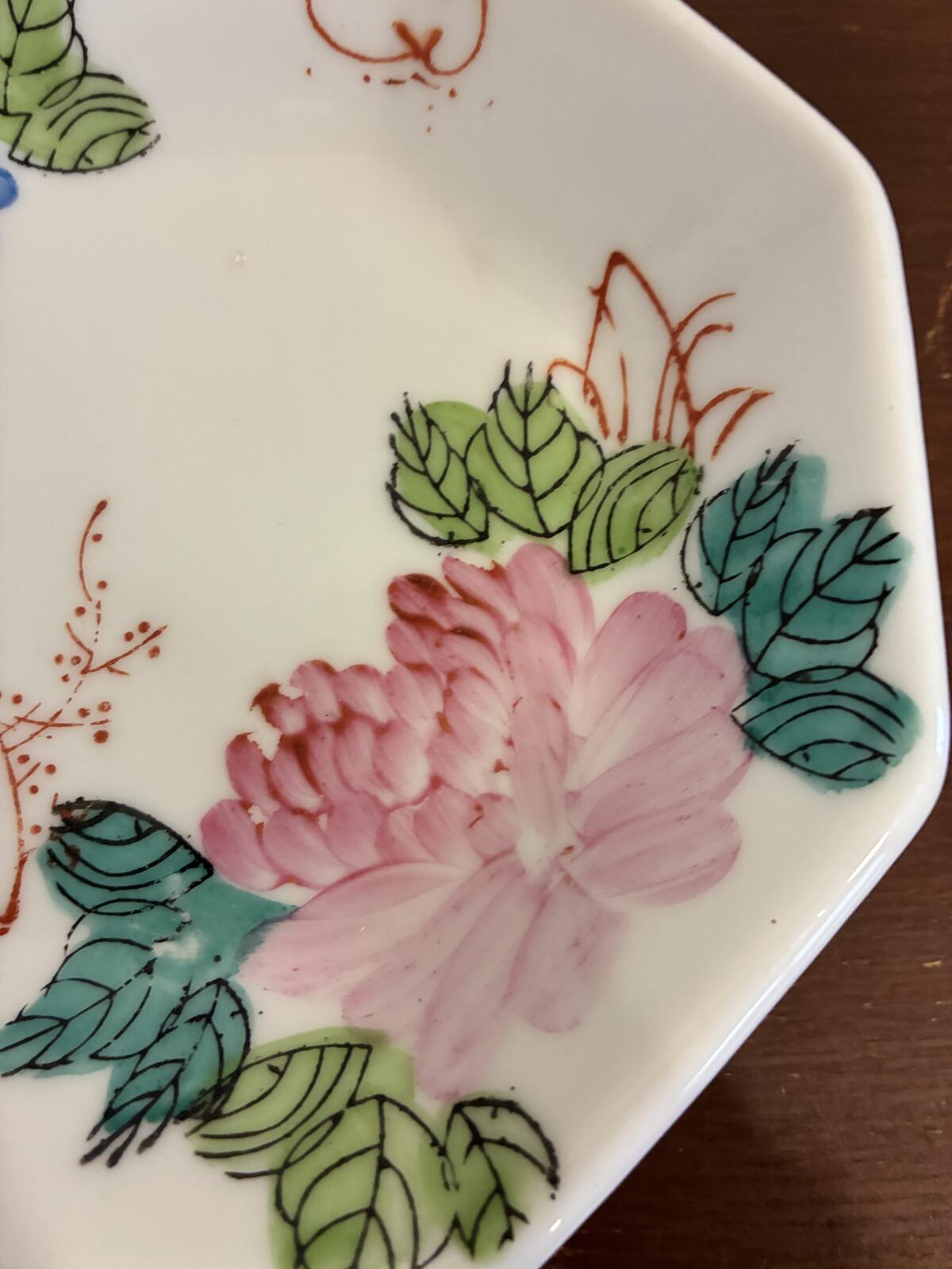 Vintage F.S. Louie Berkeley Hand Painted Floral Bird Octagonal Trinket Dish