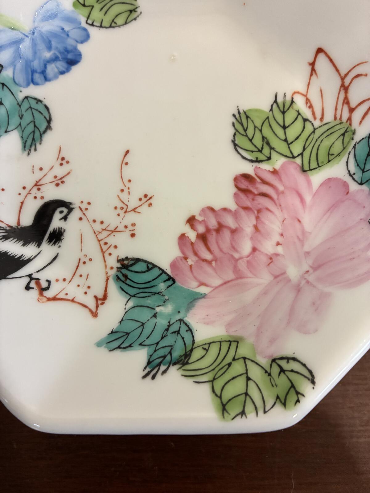 Vintage F.S. Louie Berkeley Hand Painted Floral Bird Octagonal Trinket Dish