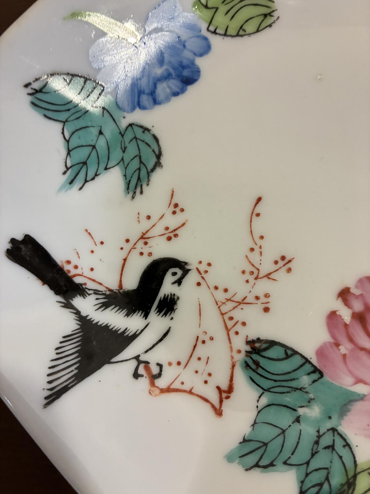 Vintage F.S. Louie Berkeley Hand Painted Floral Bird Octagonal Trinket Dish