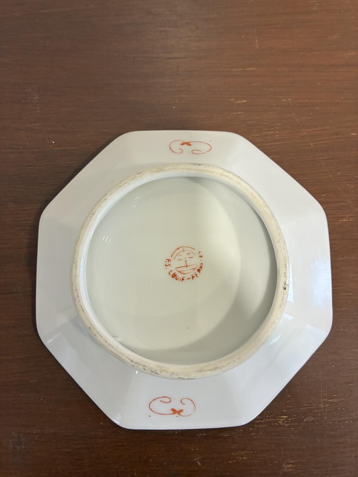 Vintage F.S. Louie Berkeley Hand Painted Floral Bird Octagonal Trinket Dish