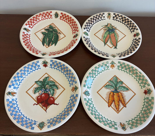 Set of 4 Vintage Fresh Garden Vegetable Dinner Plates-Peas, Corn, Radish, Carrot