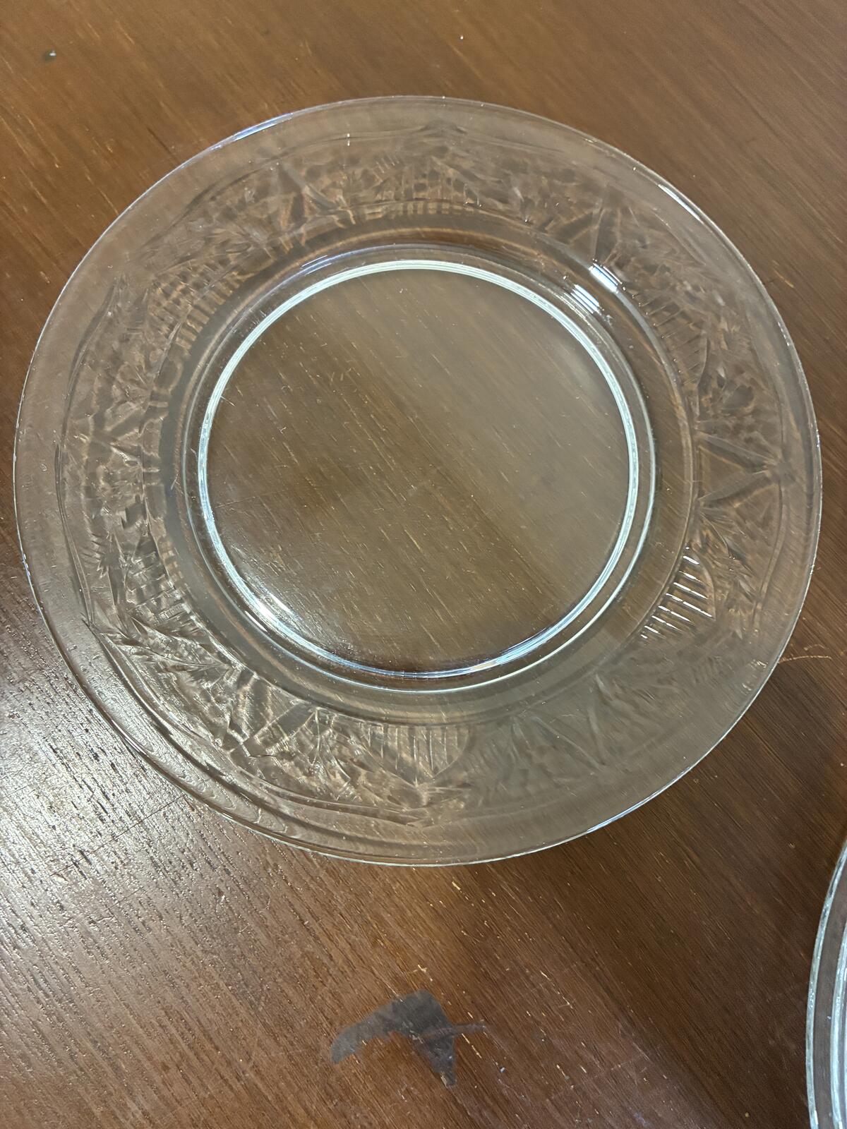 Vintage Pressed Glass Plates Set of 7 Etched Glass Dessert or Salad Plates