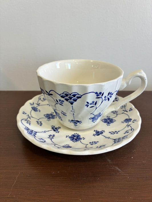 Myott Finlandia Teacup and Saucer Blue White Ironstone England Vintage Tea Set