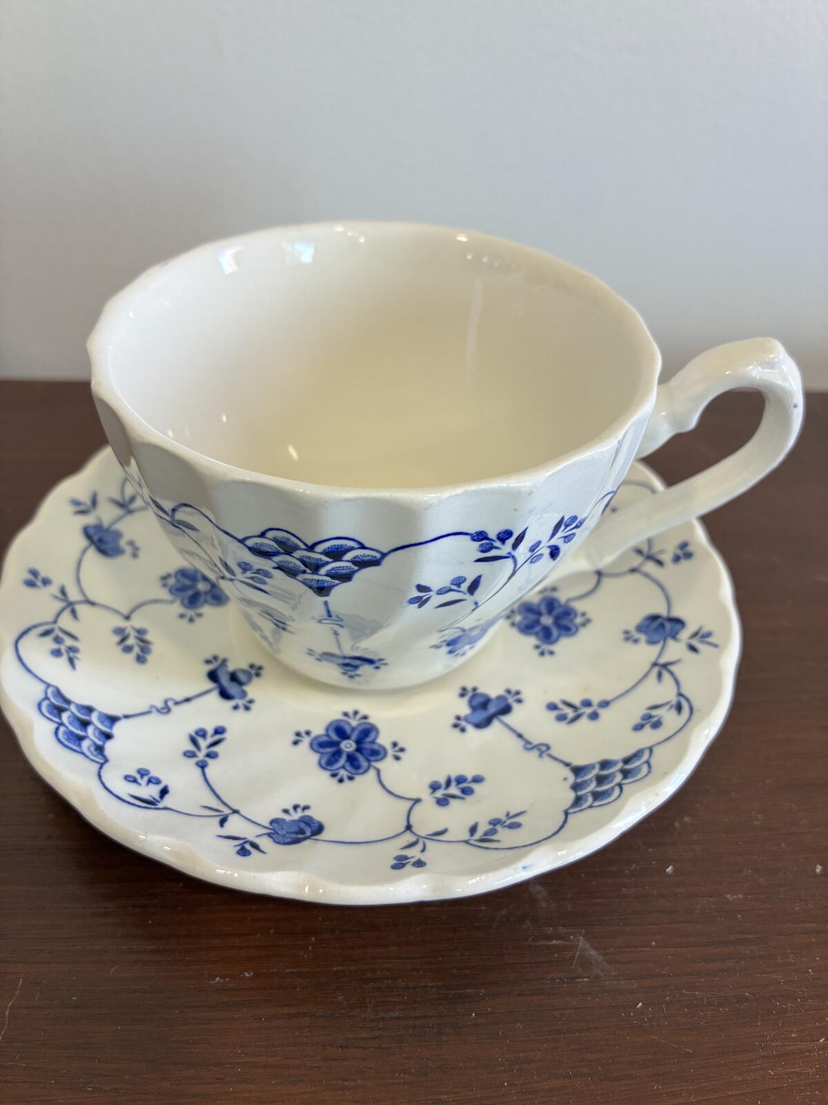 Myott Finlandia Teacup and Saucer Blue White Ironstone England Vintage Tea Set