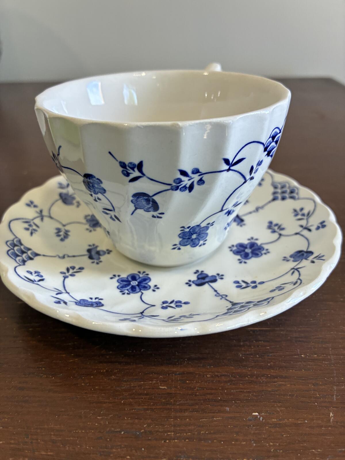 Myott Finlandia Teacup and Saucer Blue White Ironstone England Vintage Tea Set