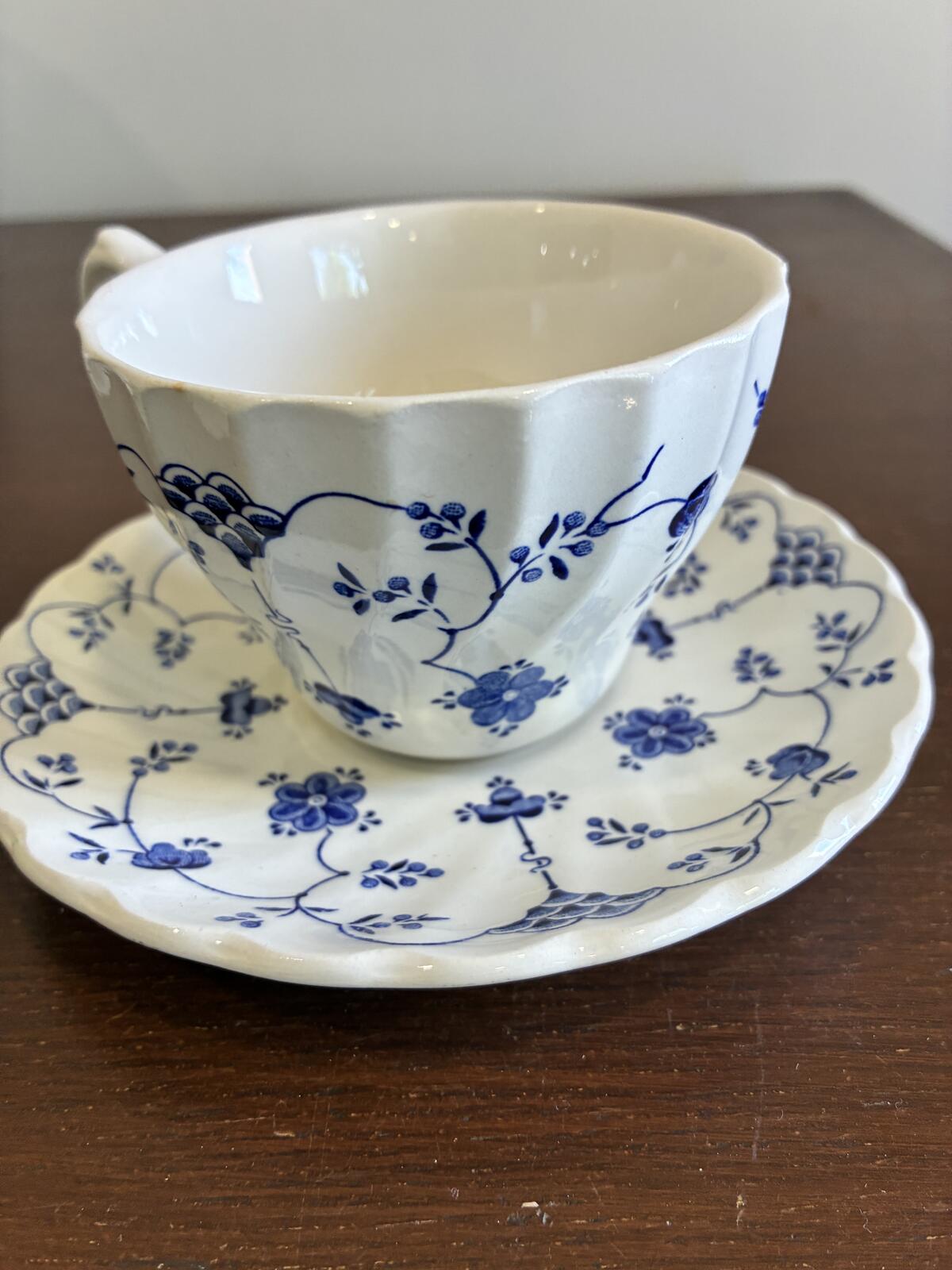 Myott Finlandia Teacup and Saucer Blue White Ironstone England Vintage Tea Set