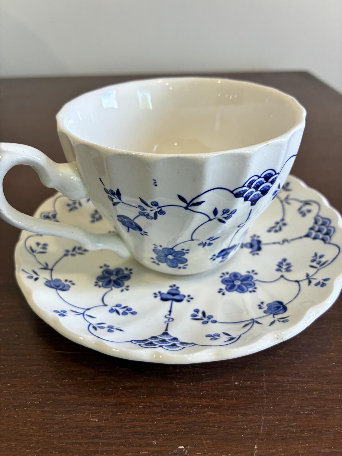 Myott Finlandia Teacup and Saucer Blue White Ironstone England Vintage Tea Set