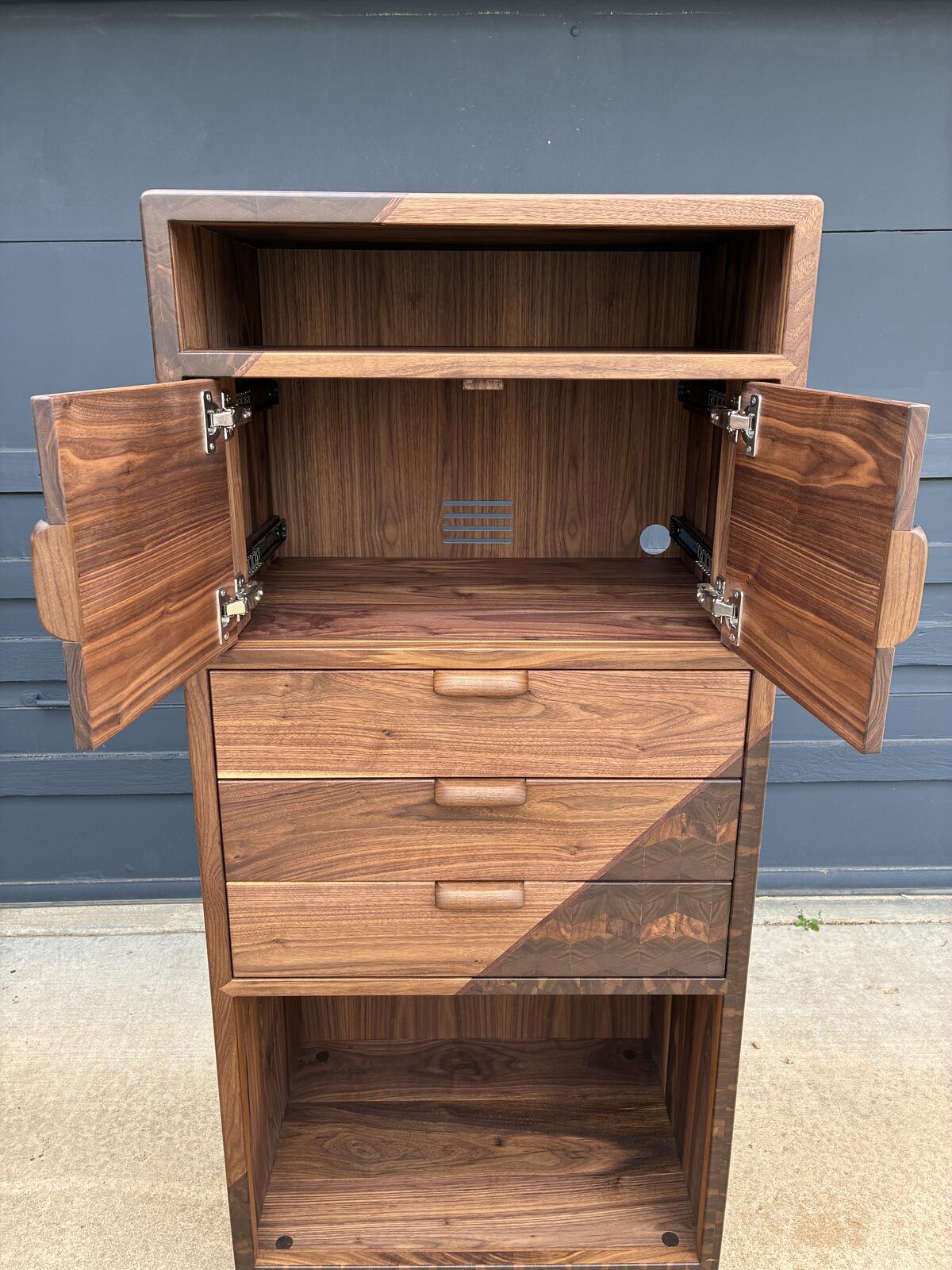Handmade Walnut Media Cabinet | Modern Solid Wood Storage Cabinet | Custom Audio Cabinet | Mid Century Modern Furniture