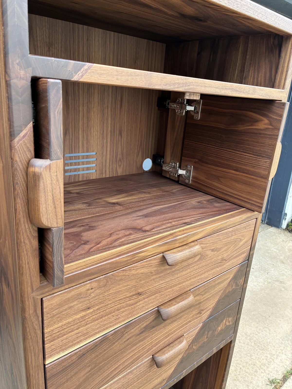 Handmade Walnut Media Cabinet | Modern Solid Wood Storage Cabinet | Custom Audio Cabinet | Mid Century Modern Furniture