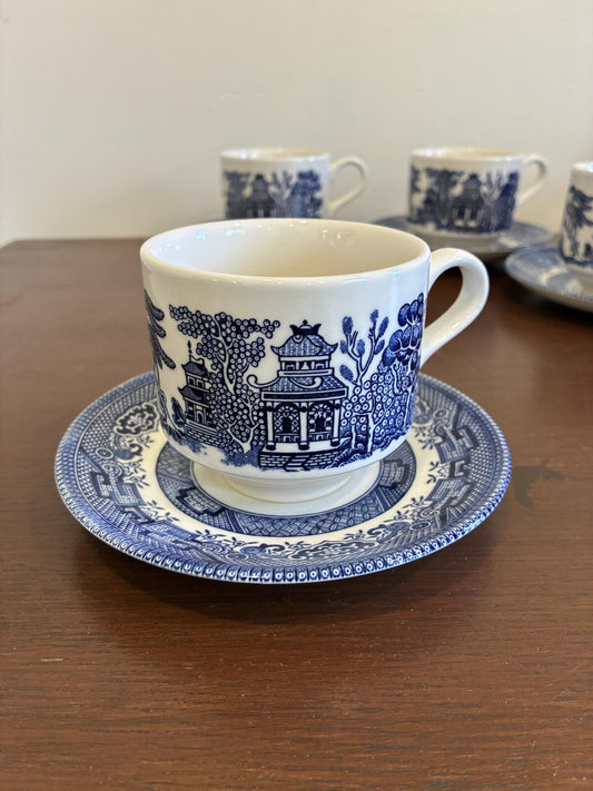 Vintage Churchill England Blue Willow Cups and Saucers, Set of 4 Transferware