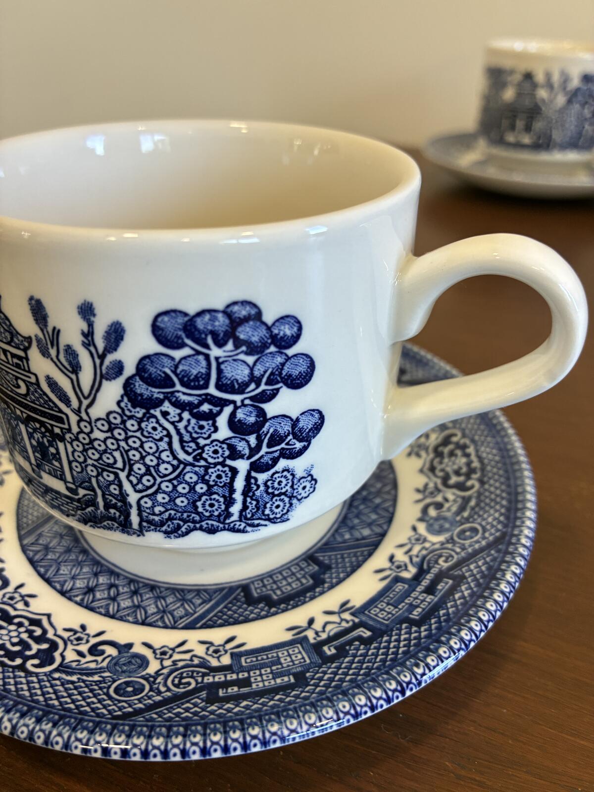 Vintage Churchill England Blue Willow Cups and Saucers, Set of 4 Transferware