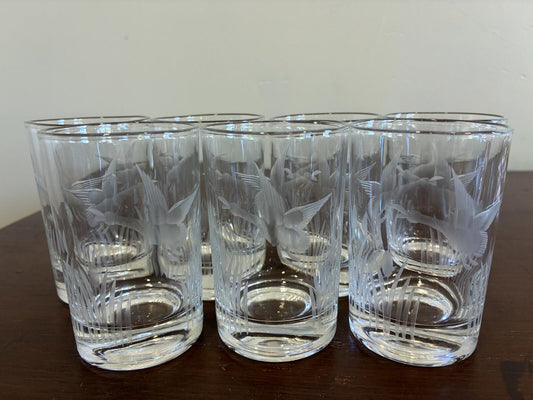 Vintage Federal Glass Etched Duck Juice Glasses, Set of 6, Goose Tumblers