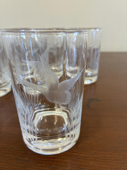 Vintage Federal Glass Etched Duck Juice Glasses, Set of 6, Goose Tumblers