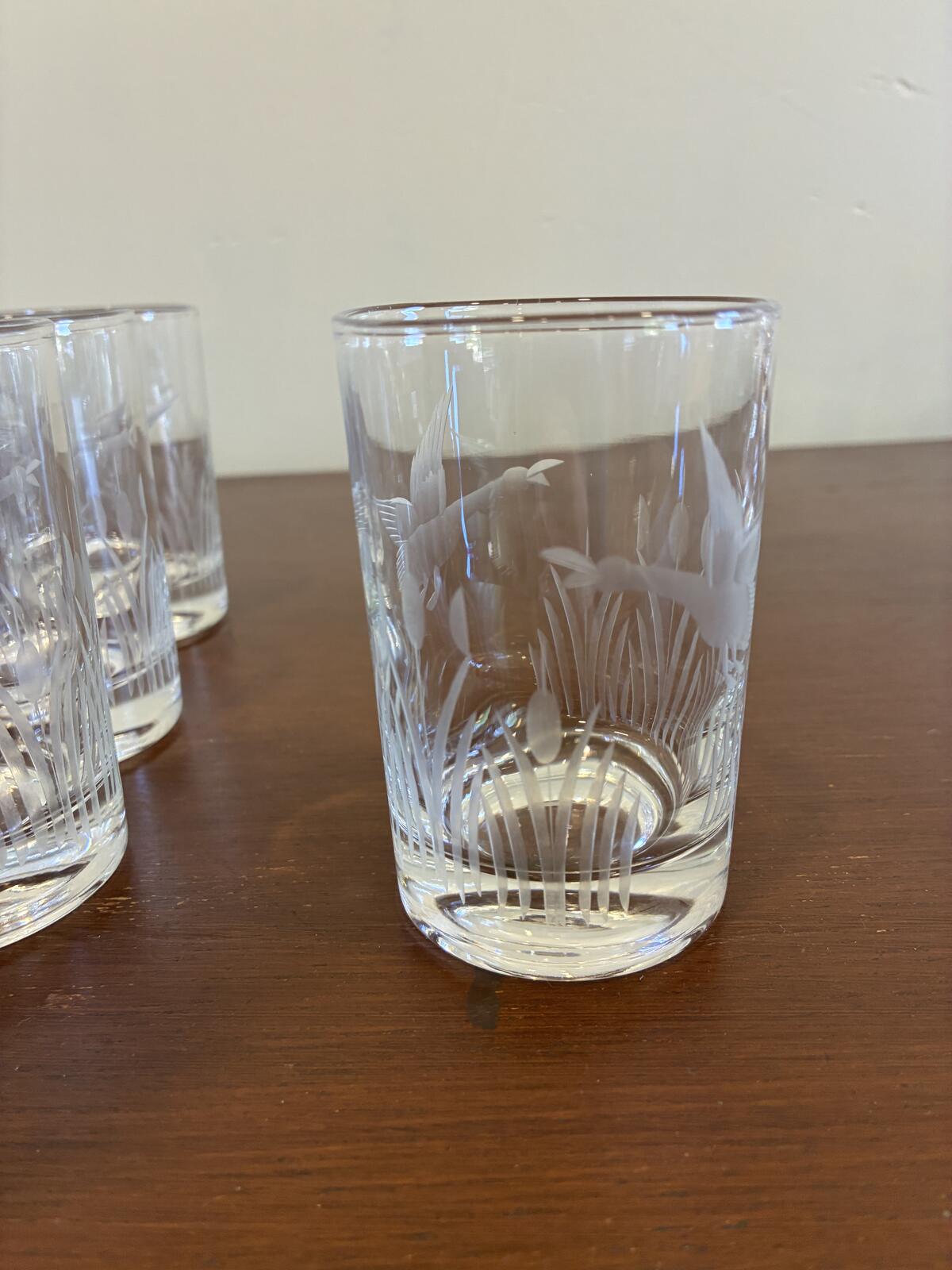 Vintage Federal Glass Etched Duck Juice Glasses, Set of 6, Goose Tumblers