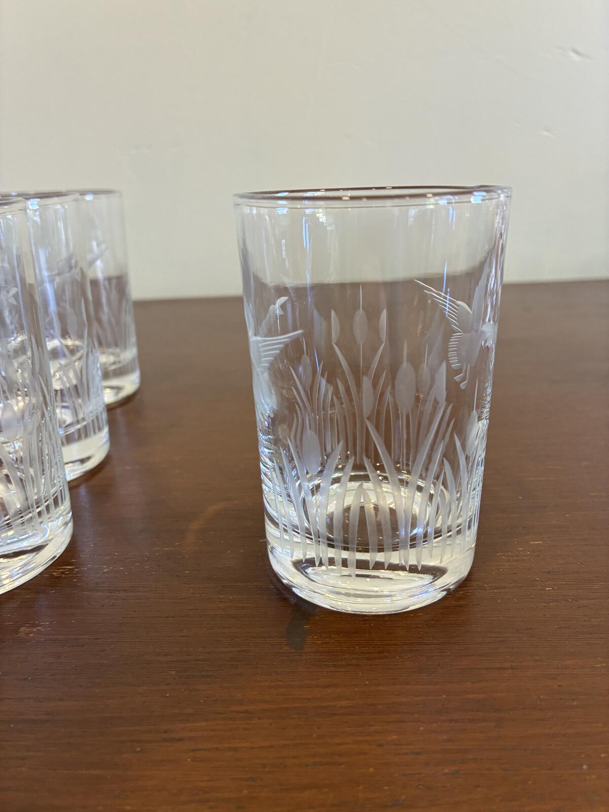 Vintage Federal Glass Etched Duck Juice Glasses, Set of 6, Goose Tumblers