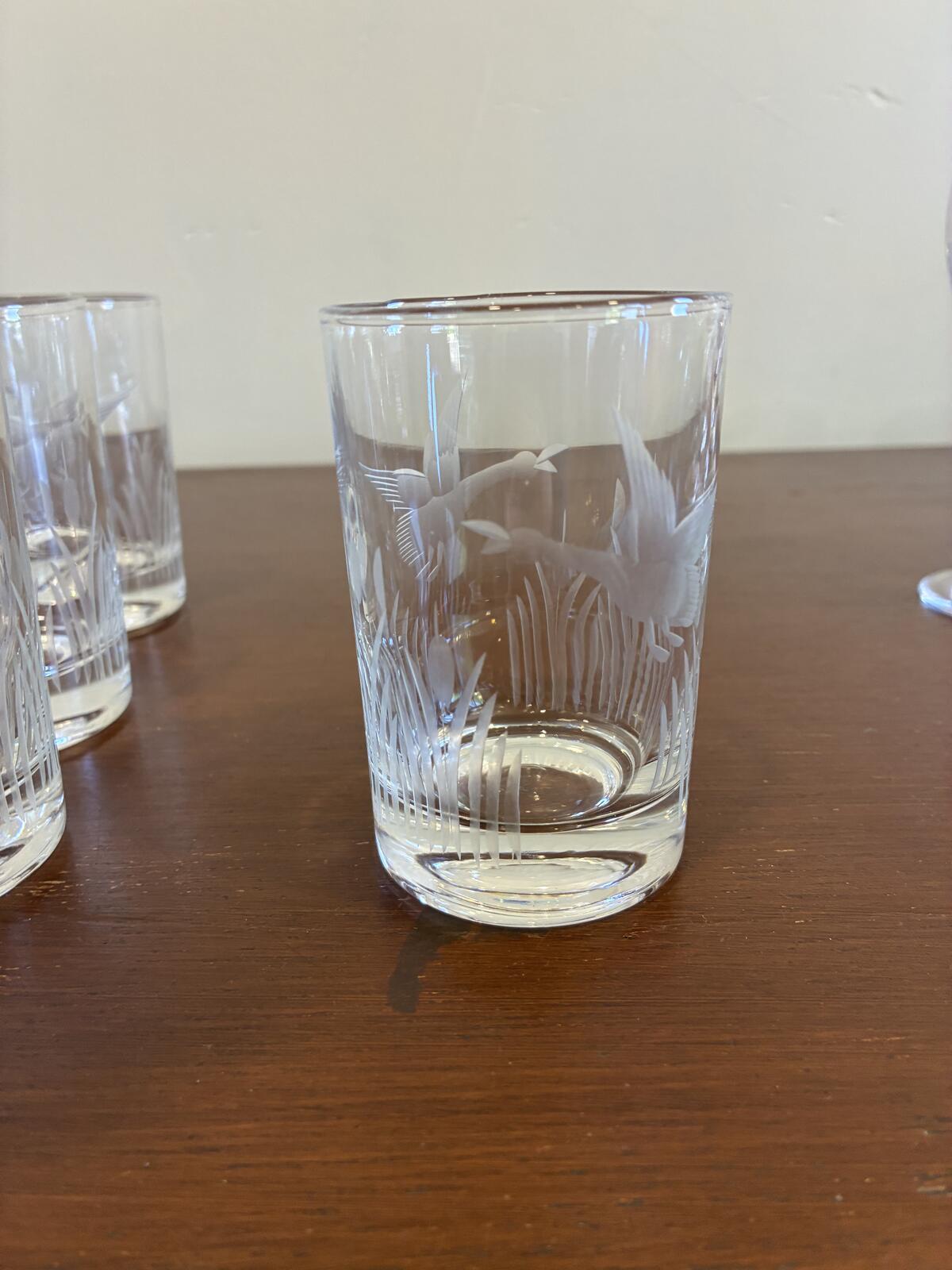 Vintage Federal Glass Etched Duck Juice Glasses, Set of 6, Goose Tumblers
