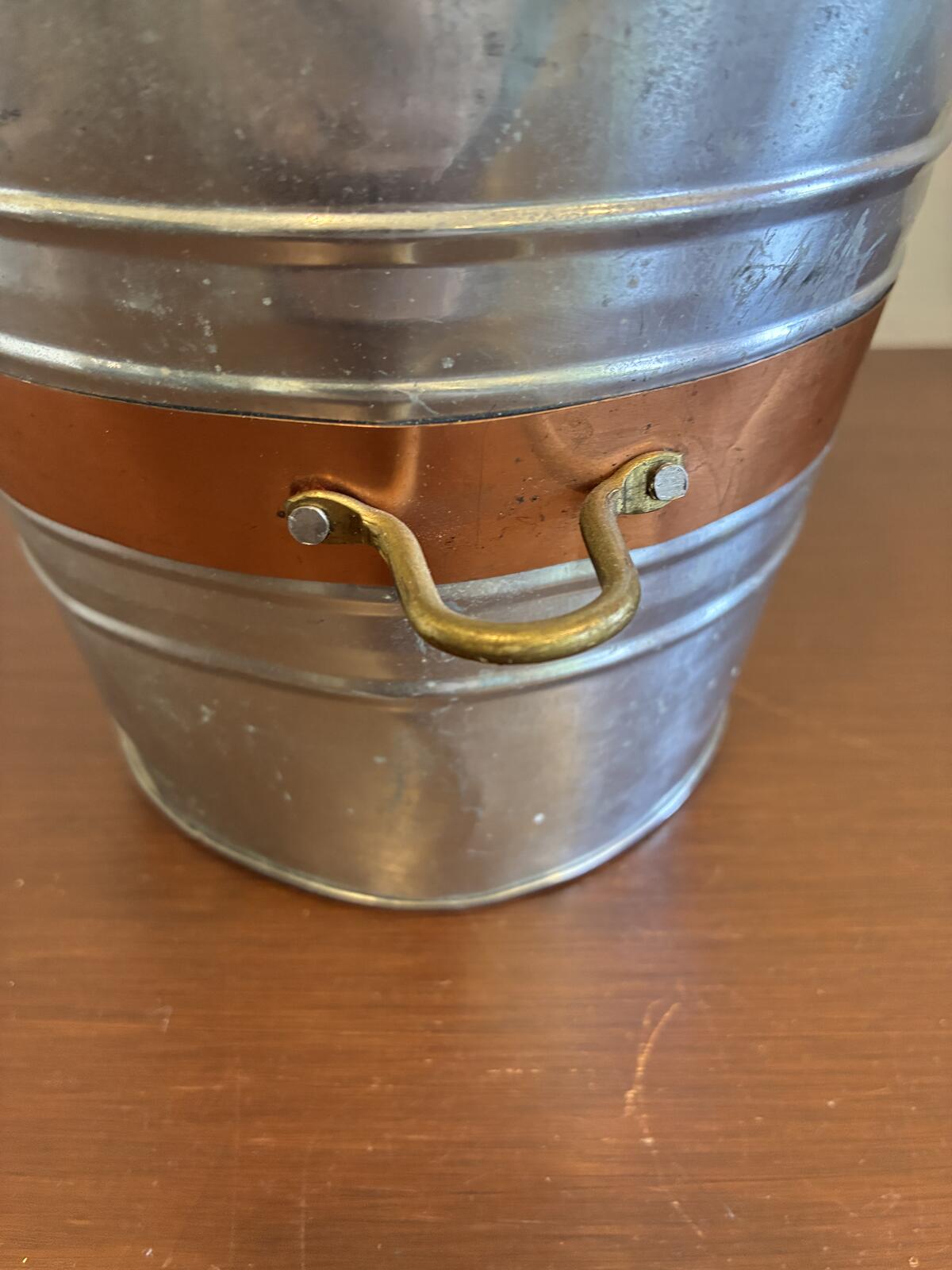 Vintage Metal Ice Bucket Made in India, Rustic Farmhouse Copper Band with Brass