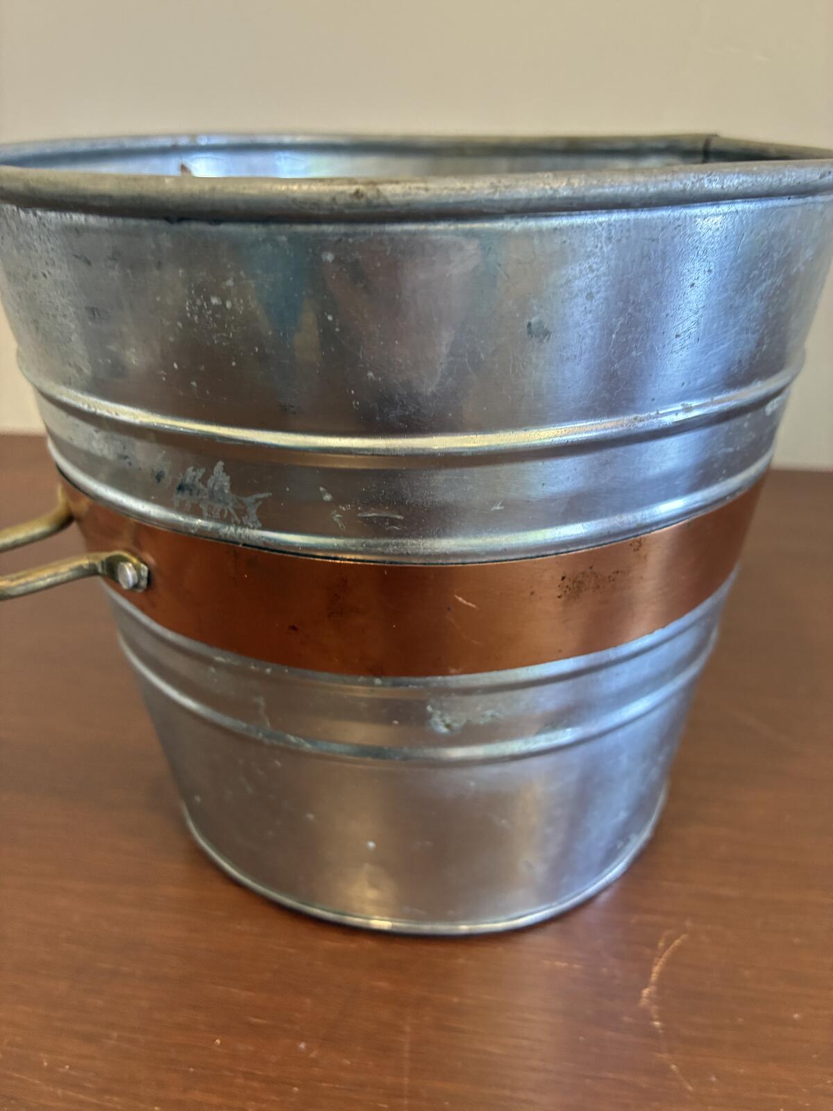 Vintage Metal Ice Bucket Made in India, Rustic Farmhouse Copper Band with Brass