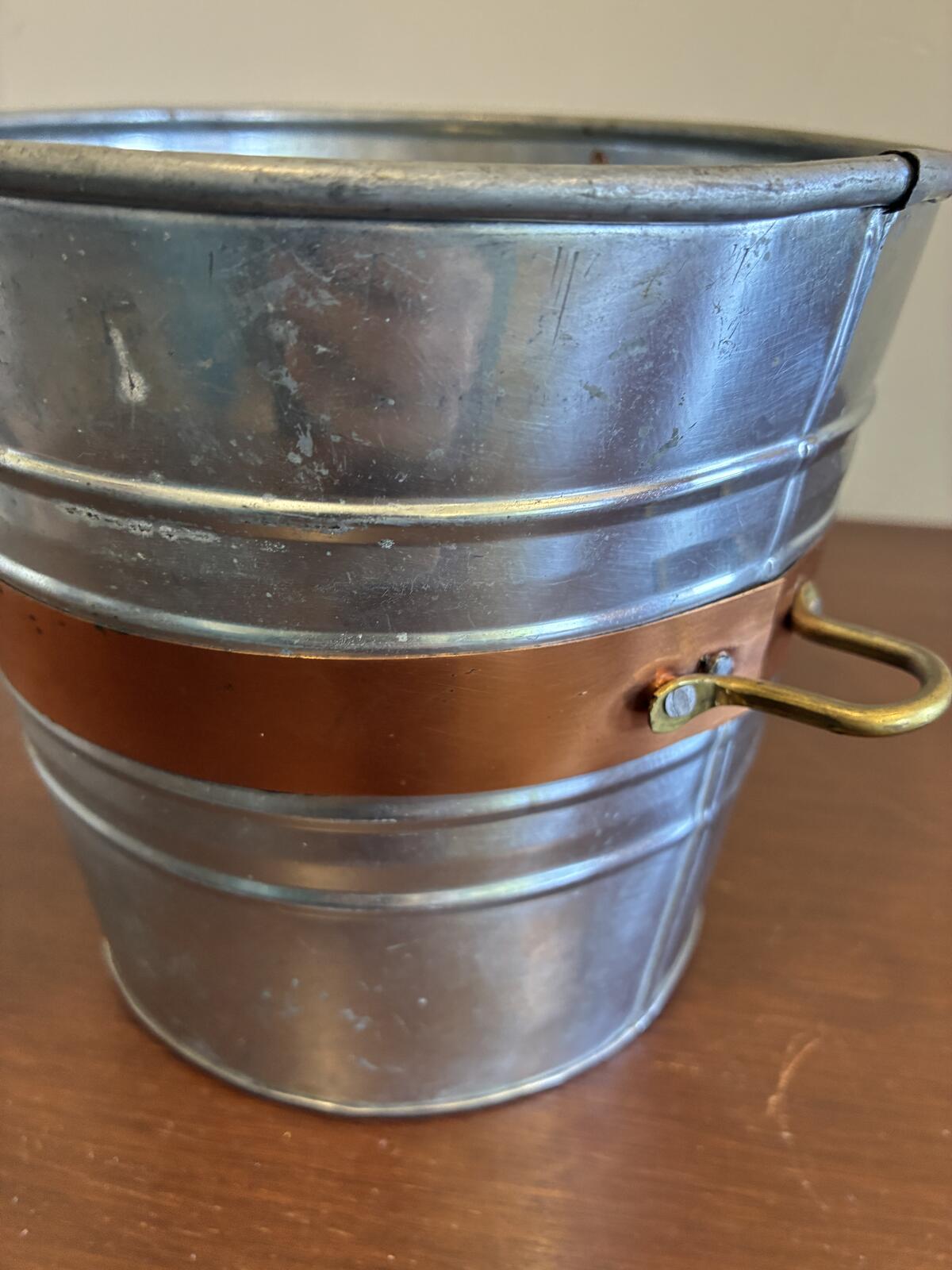 Vintage Metal Ice Bucket Made in India, Rustic Farmhouse Copper Band with Brass
