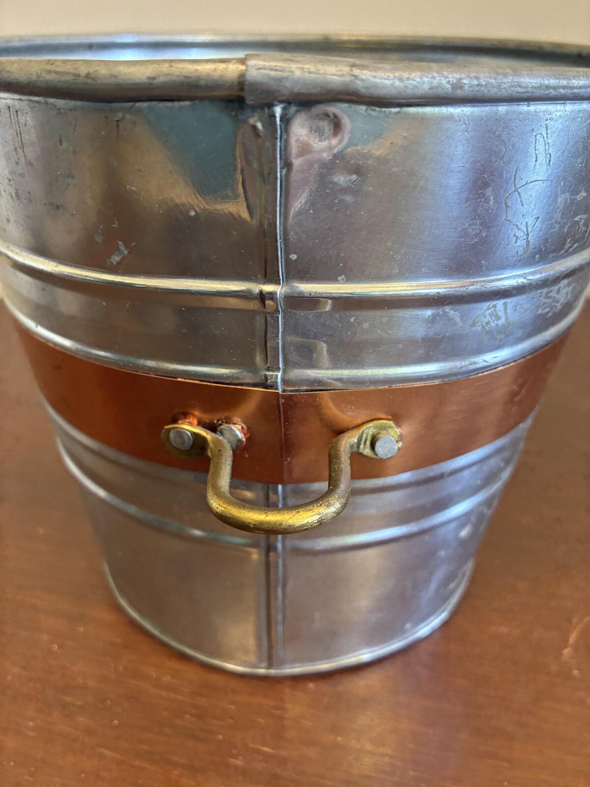 Vintage Metal Ice Bucket Made in India, Rustic Farmhouse Copper Band with Brass