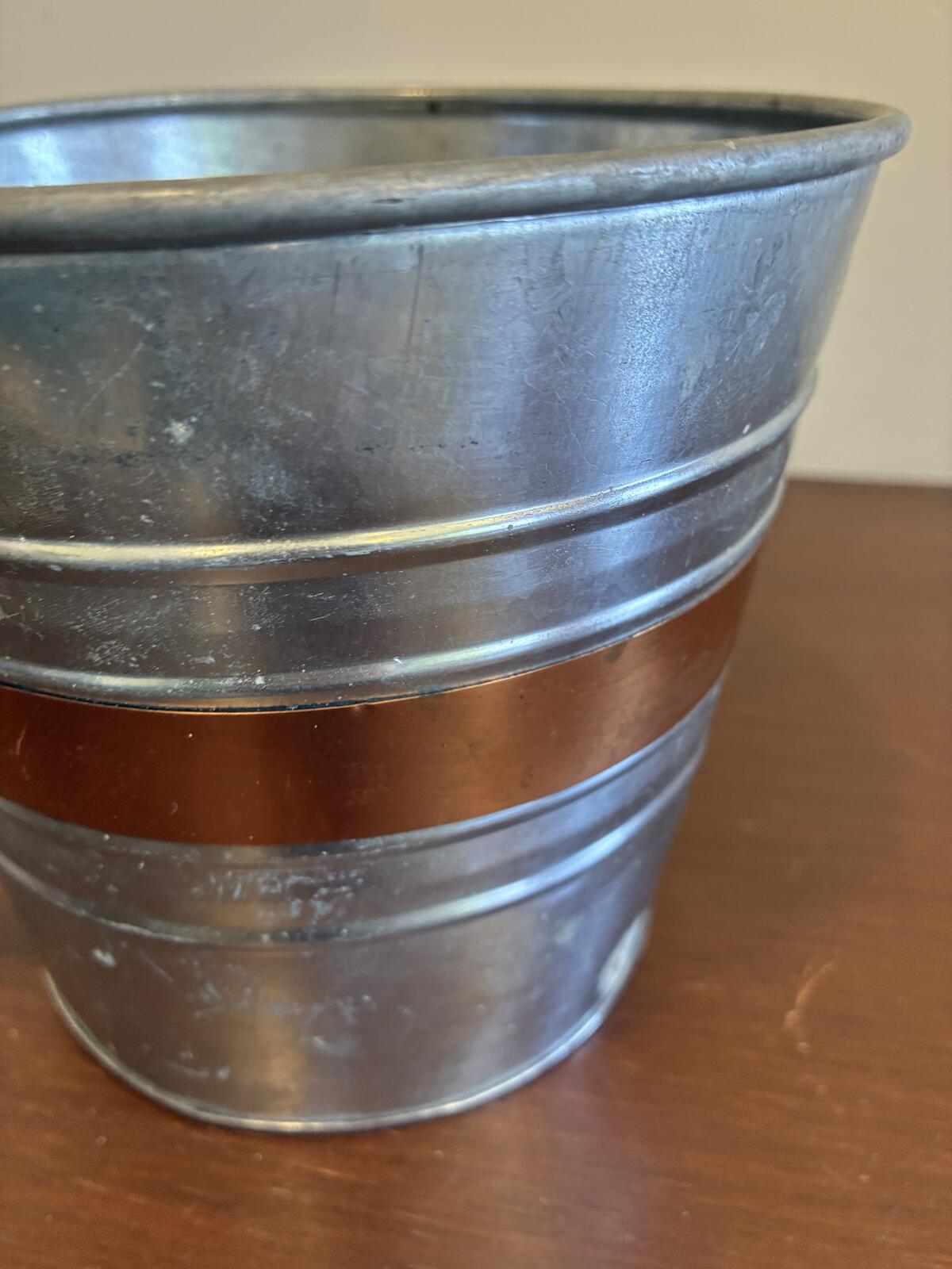 Vintage Metal Ice Bucket Made in India, Rustic Farmhouse Copper Band with Brass