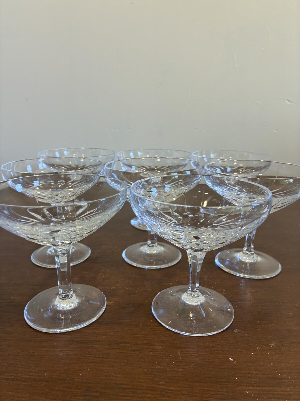 Vintage Josair Dorette Crystal Coupe Glasses Set of 8, Etched Champagne Coupes