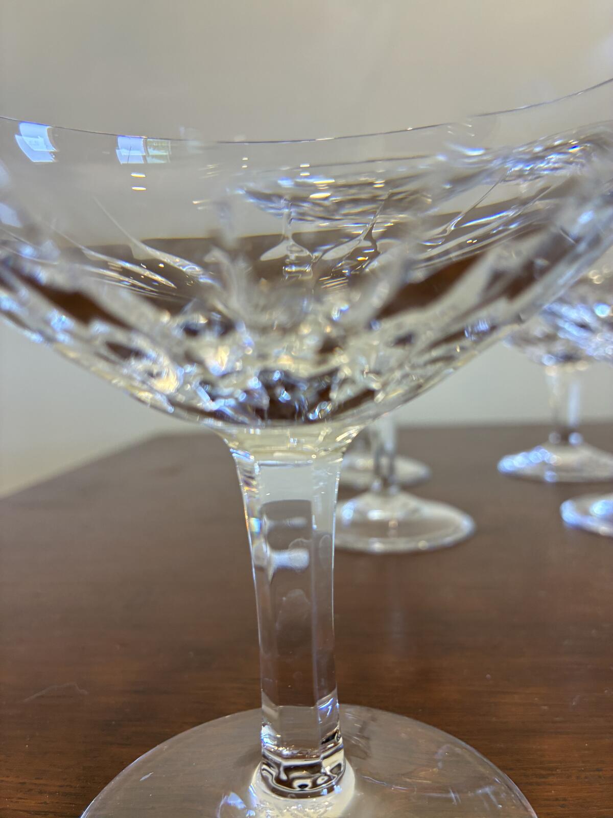 Vintage Josair Dorette Crystal Coupe Glasses Set of 8, Etched Champagne Coupes