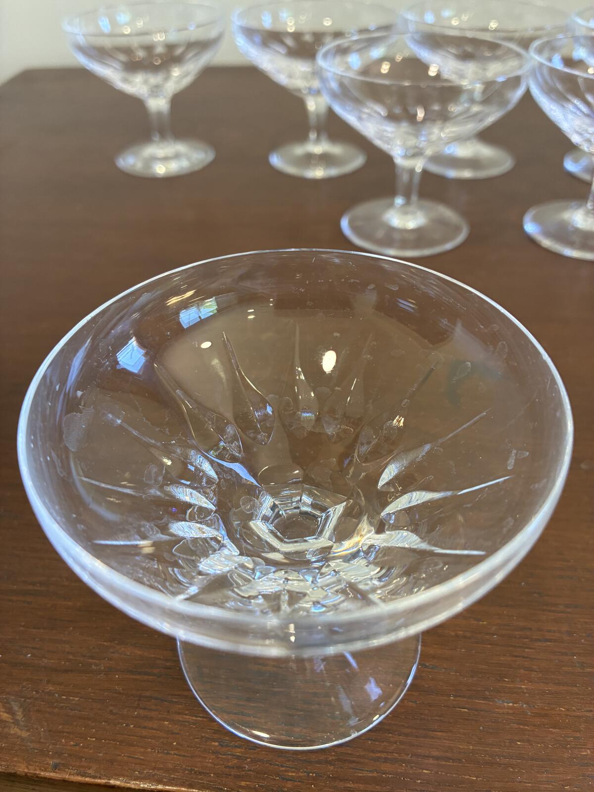 Vintage Josair Crystal Oyster Dishes Set of 7, Footed Seafood Bowls