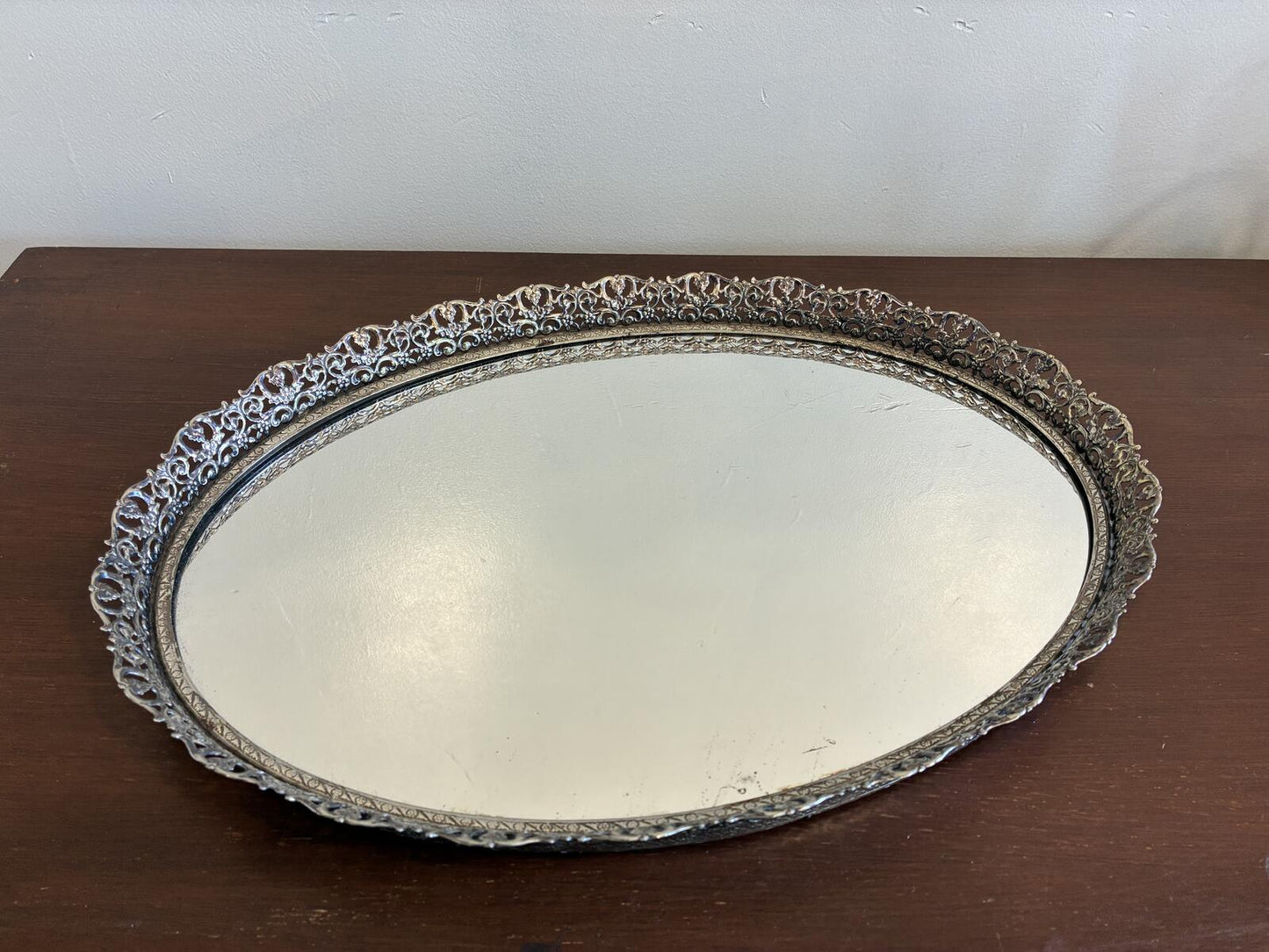 Vintage Silver Tone Vanity Tray, Ornate Mirrored Serving Tray, Hollywood Regency