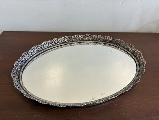 Vintage Silver Tone Vanity Tray, Ornate Mirrored Serving Tray, Hollywood Regency