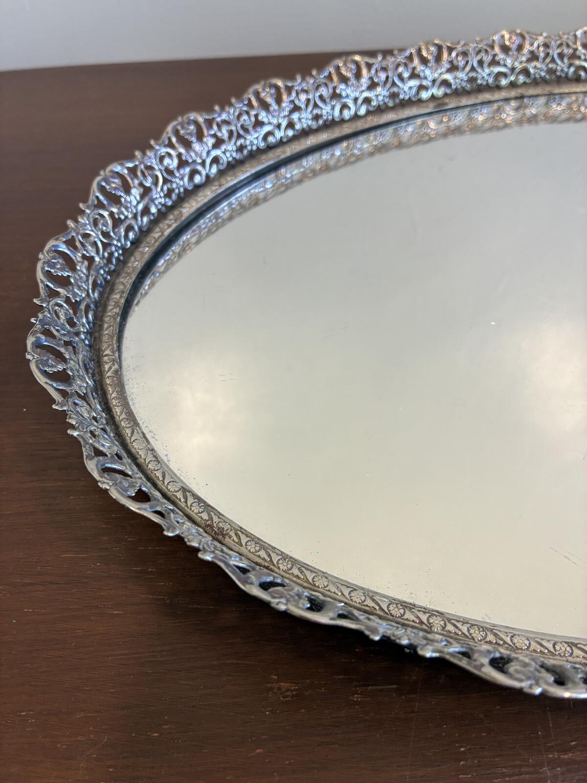 Vintage Silver Tone Vanity Tray, Ornate Mirrored Serving Tray, Hollywood Regency