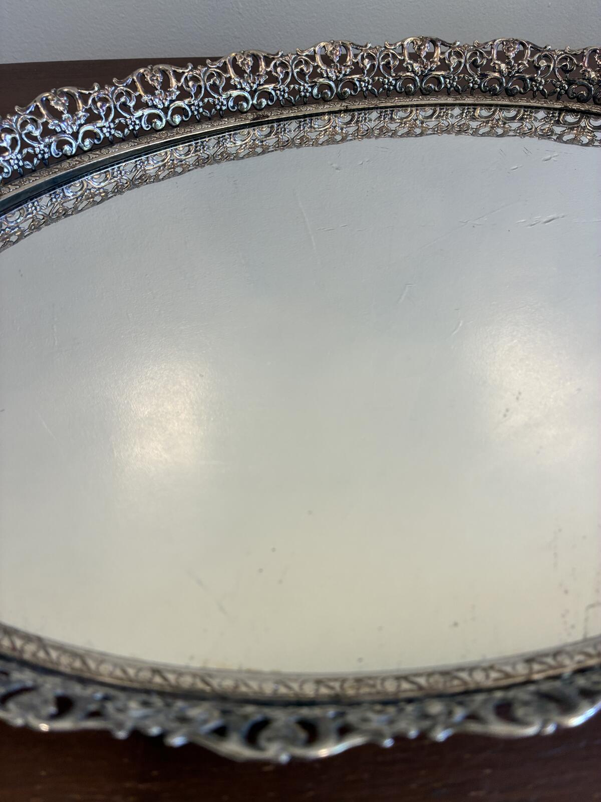 Vintage Silver Tone Vanity Tray, Ornate Mirrored Serving Tray, Hollywood Regency