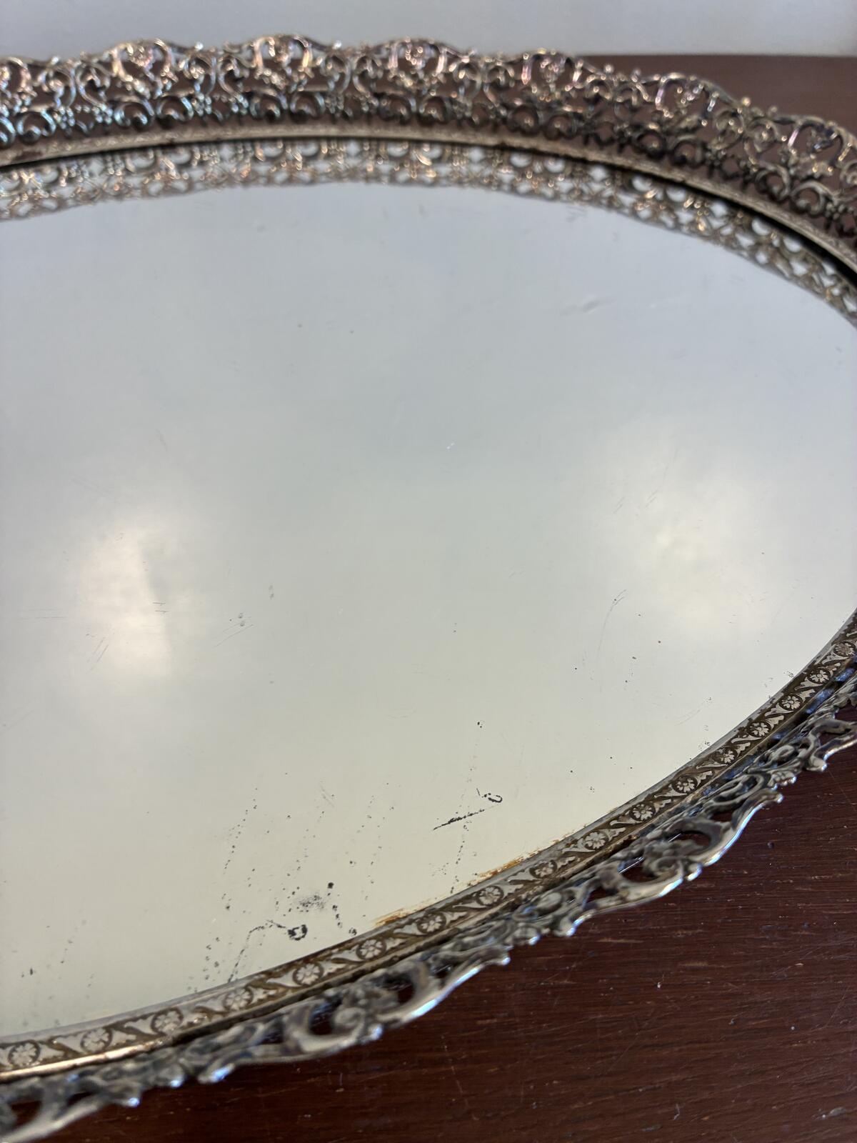 Vintage Silver Tone Vanity Tray, Ornate Mirrored Serving Tray, Hollywood Regency
