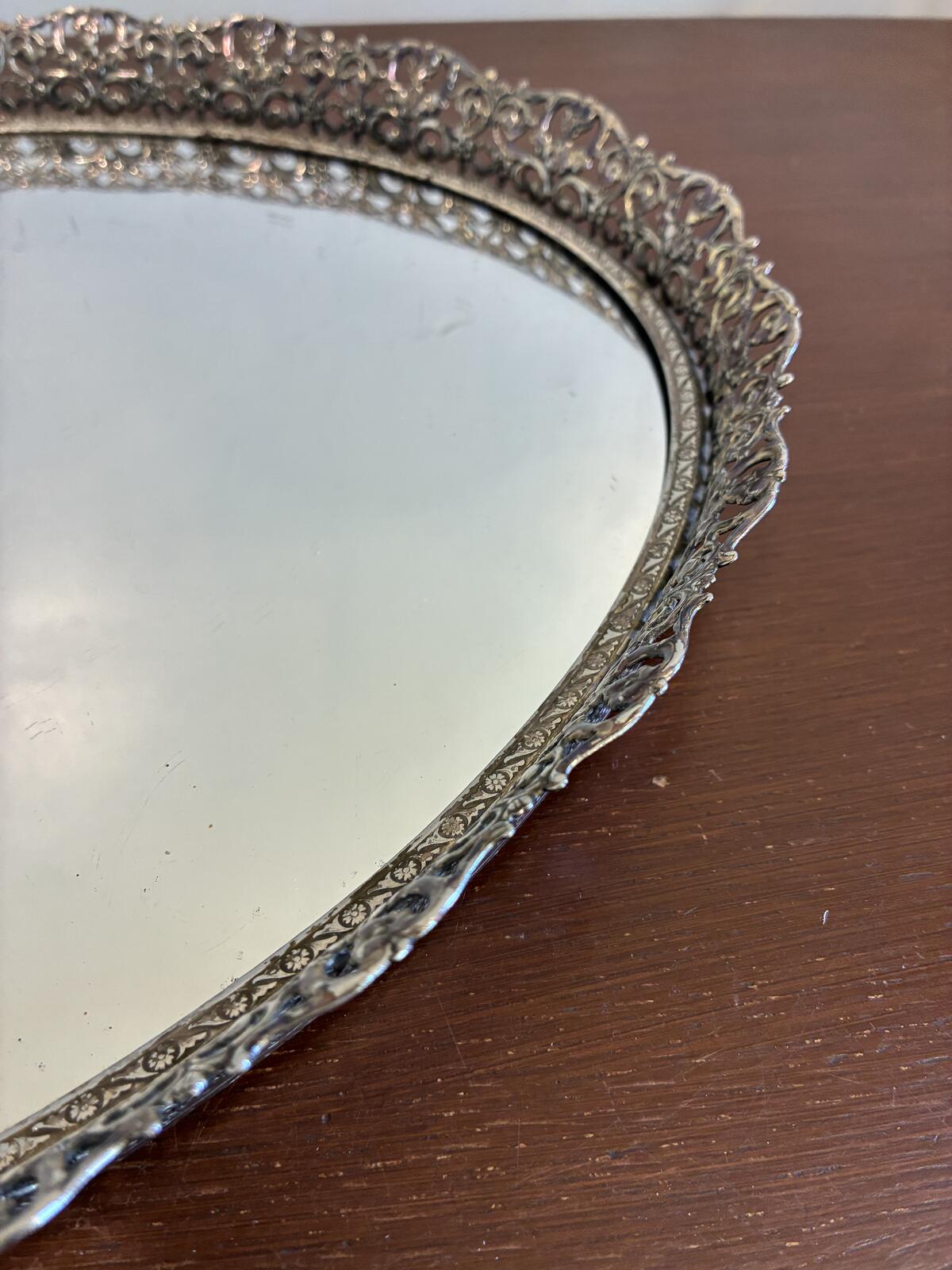 Vintage Silver Tone Vanity Tray, Ornate Mirrored Serving Tray, Hollywood Regency