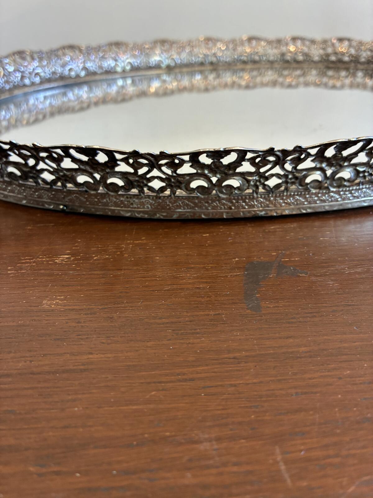 Vintage Silver Tone Vanity Tray, Ornate Mirrored Serving Tray, Hollywood Regency