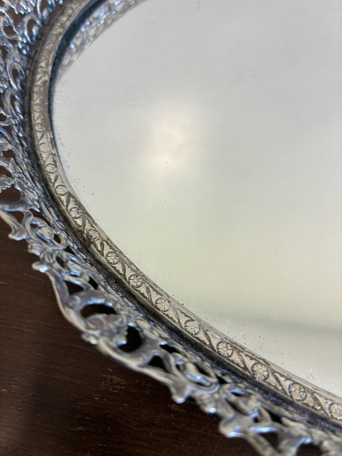Vintage Silver Tone Vanity Tray, Ornate Mirrored Serving Tray, Hollywood Regency