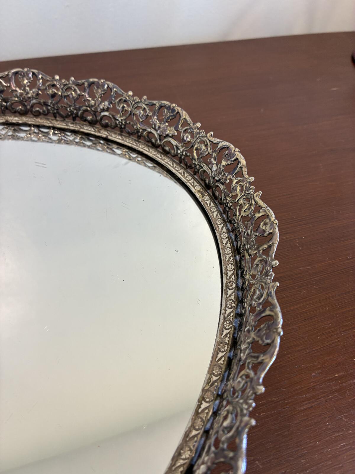 Vintage Silver Tone Vanity Tray, Ornate Mirrored Serving Tray, Hollywood Regency