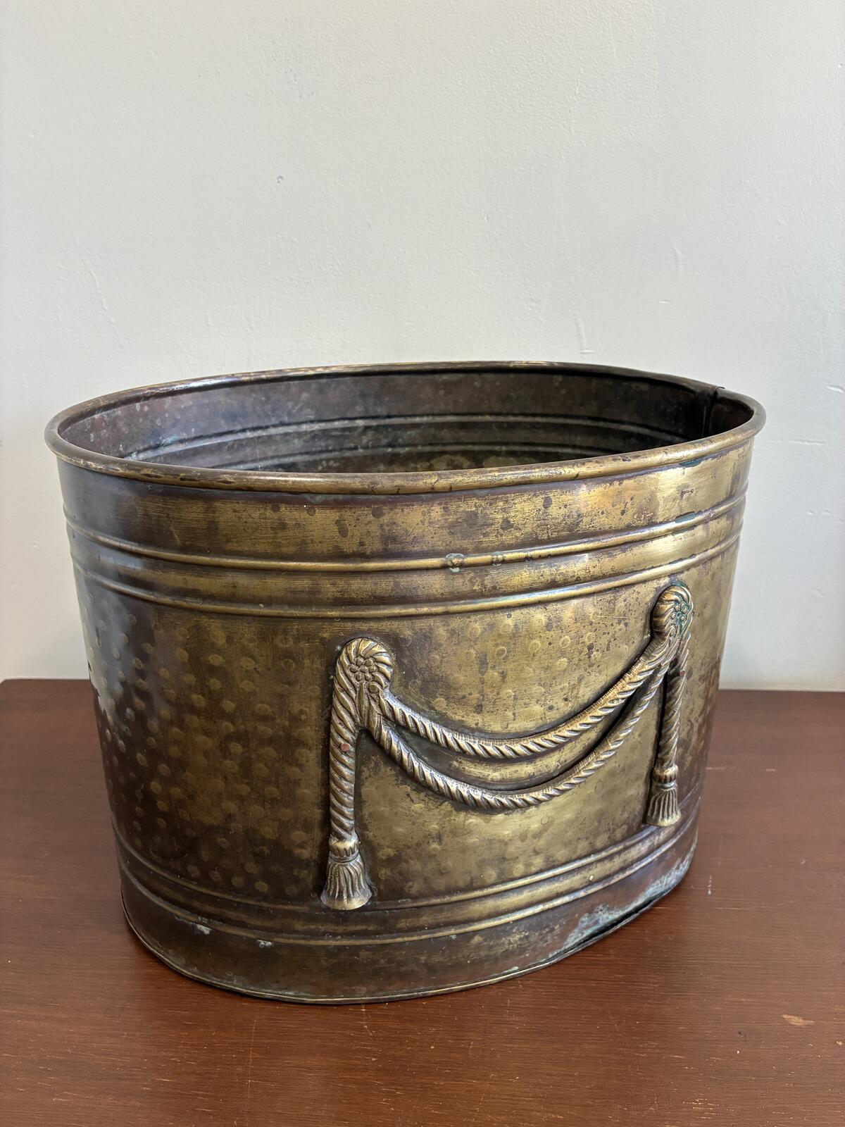 Vintage Brass Planter with Rope Detail, Hollywood Regency Log Holder, India
